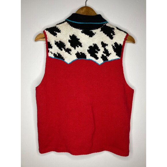 Vintage Susan Bristol Hand Knit Western Vest Red Cow Print Cowboy Womens Medium - Picture 8 of 9